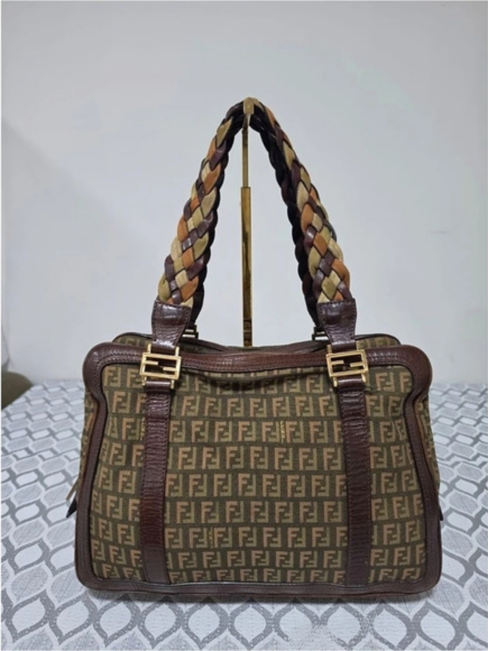 Fendi Zucchino Braided Strap Boston Bag Beige/Brown